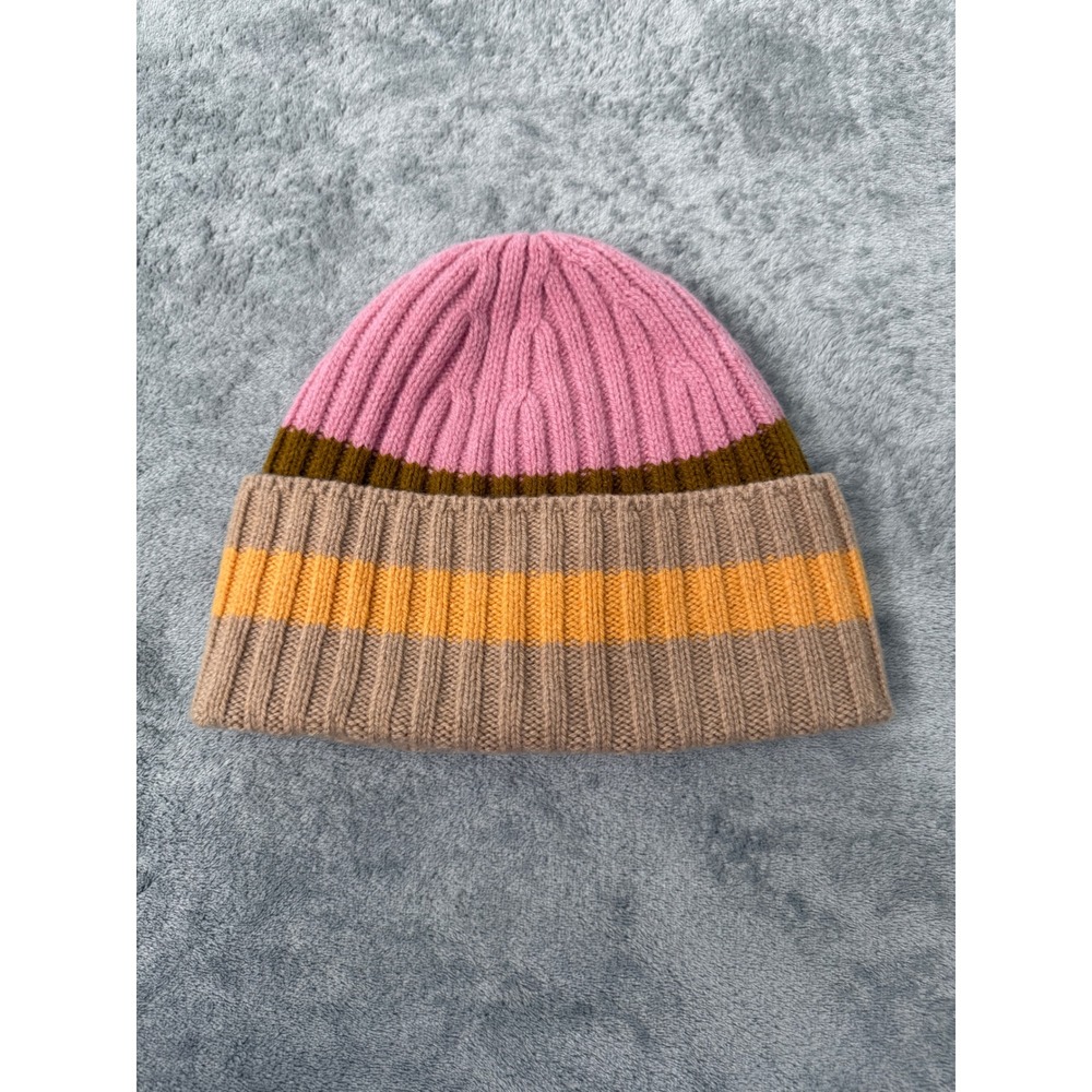 Everlane Recycled Cashmere Colorblock Beanie Pink Tan Mustard Rib Knit Hat